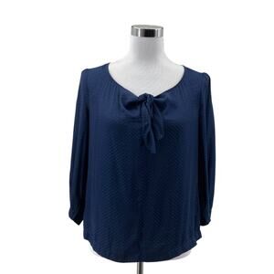 Cabi Blue Polka Dot Blouse Small Women's 3/4 Sleeve Tie Neck Flowy Boho Top